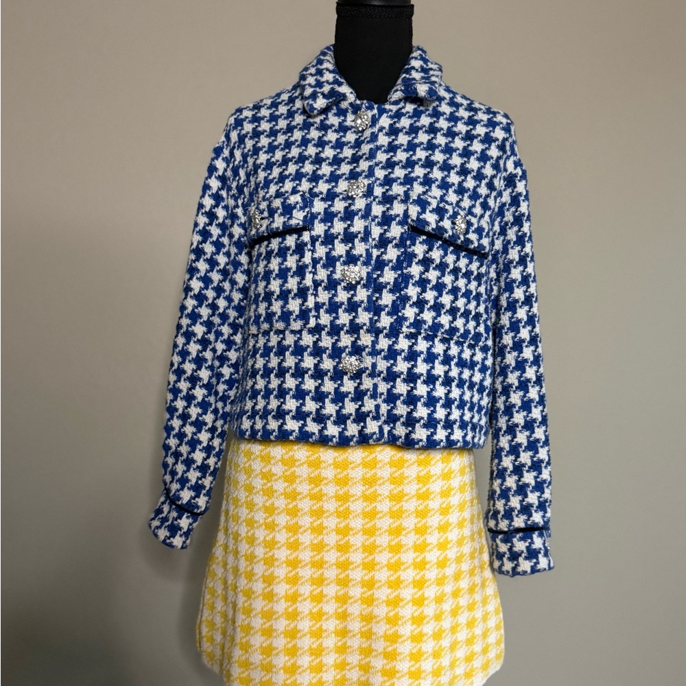 ZARA Blue & Yellow Houndstooth Two-Piece Set (Jacket + Knit Skirt)